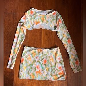 Floral Long Sleeve Mesh Crop Top and Skirt Set
